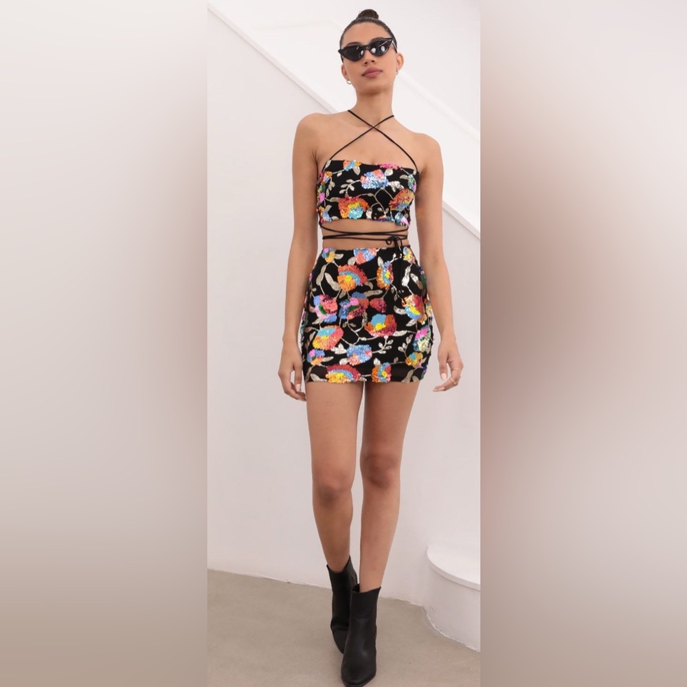 Lucy in the Sky Black Floral Sequins Two Piece Set